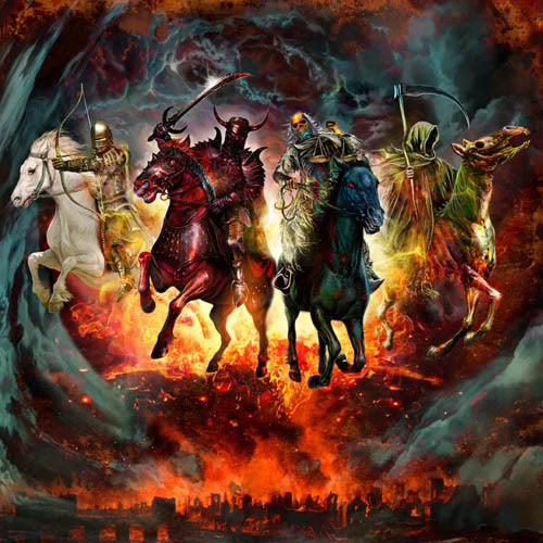 The 4 horsemen of the Apocalypse as described in the bible in the book of revelations.