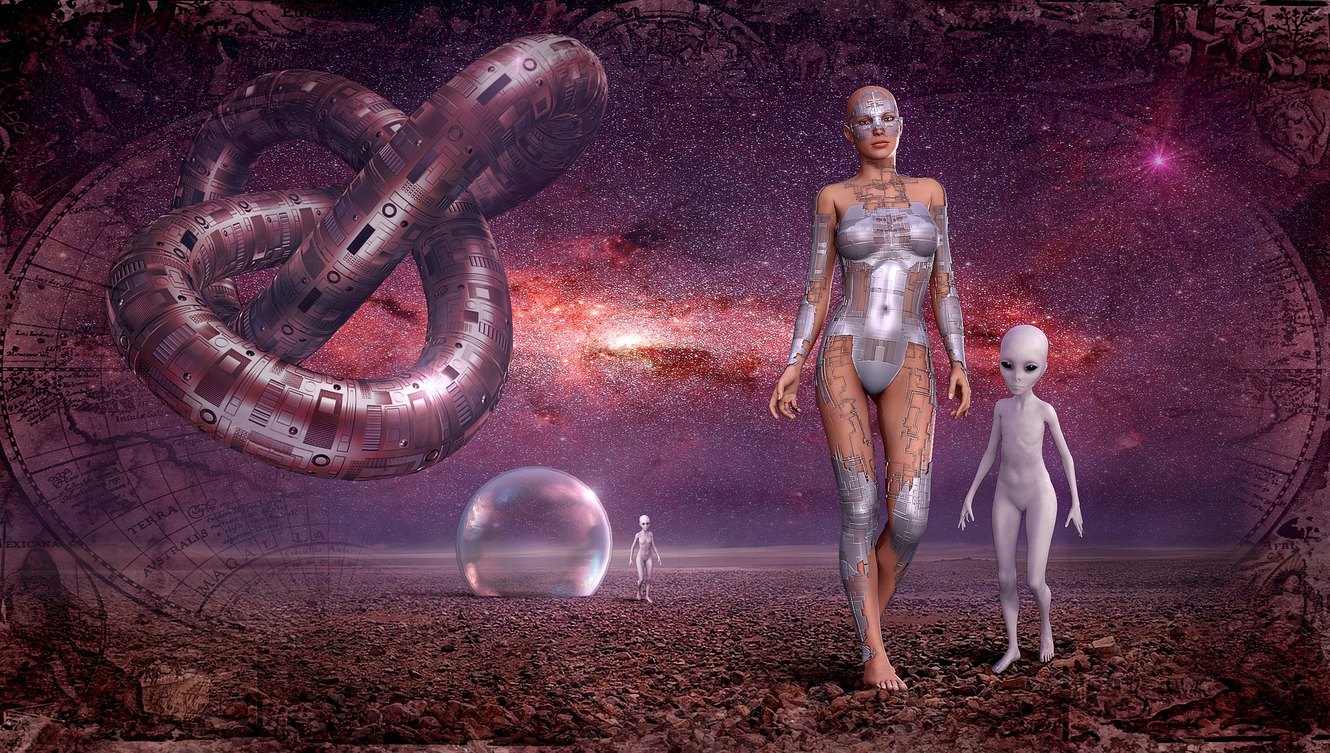 alien-cyborg-android-space-starry-sky-science-fiction Woman cyborg, android, alien, starry sky, universe, fantassy