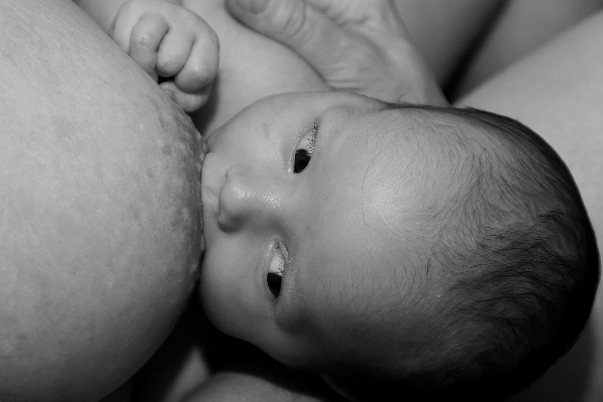 Baby sucking on mother's tit/breast