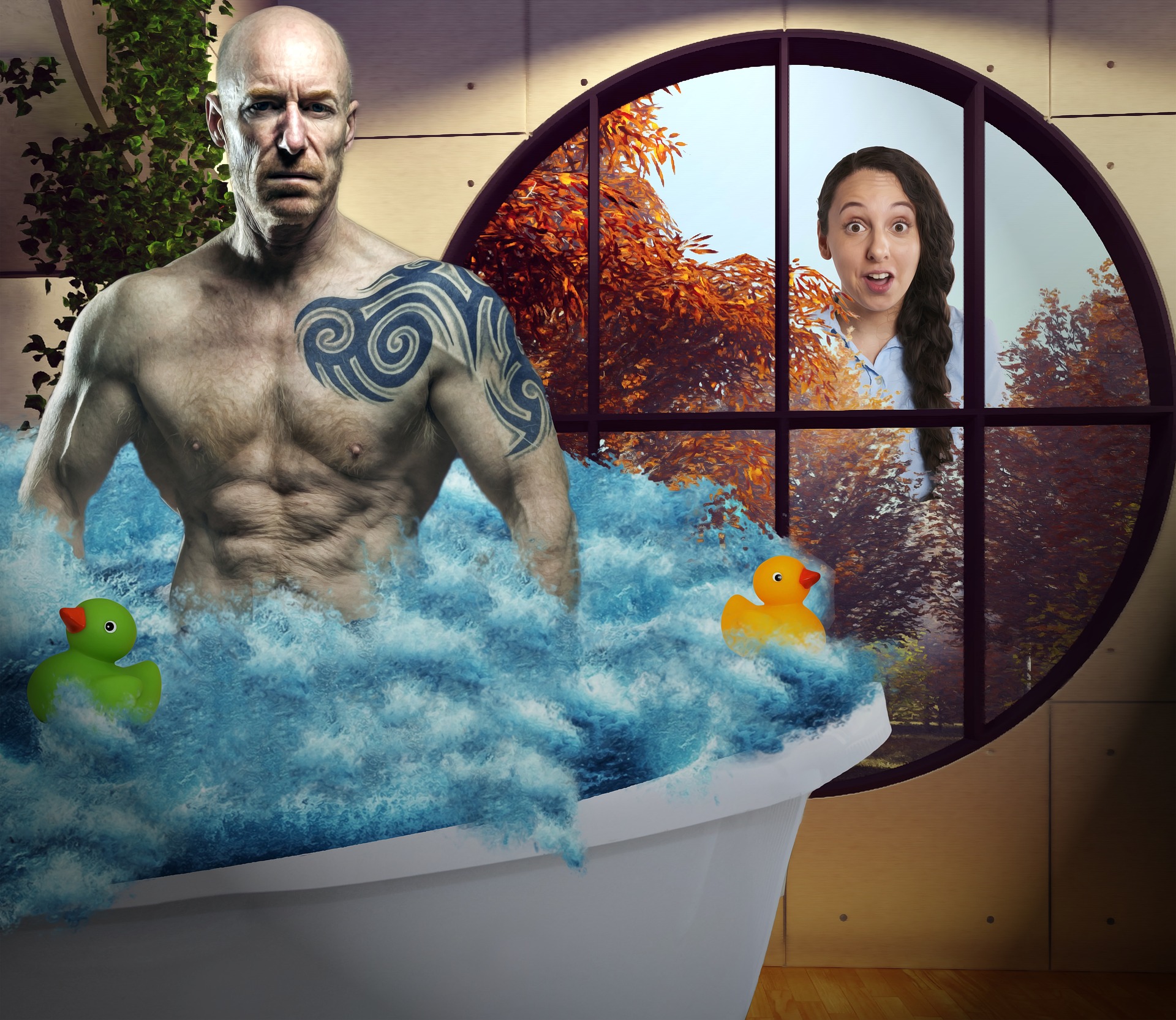 Muscular man in bathtub and woman peeking