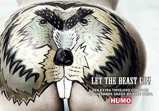 Beaver butt bodypainting: Humo advertisement art