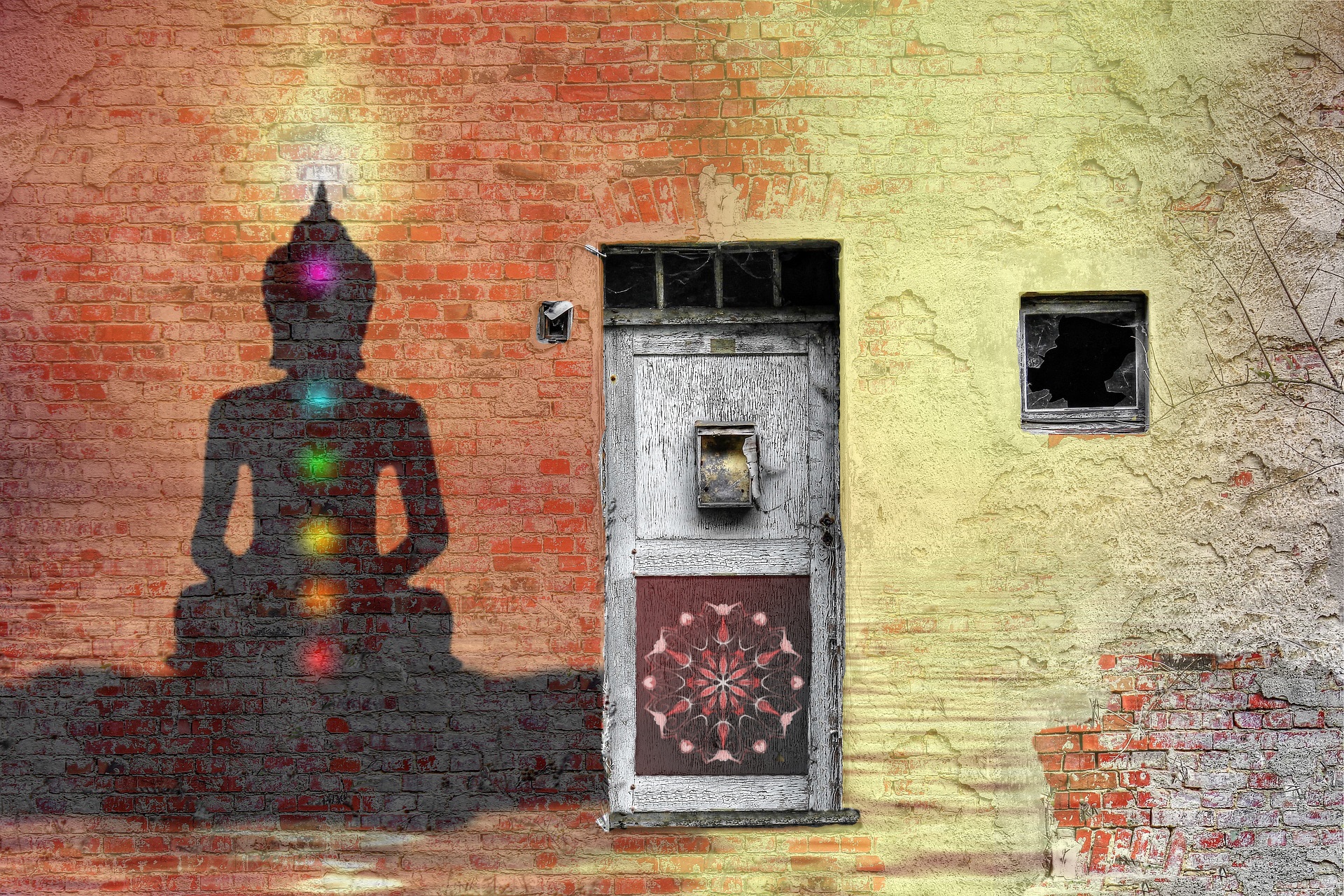 Chakras and mandala graffiti on a wall with door