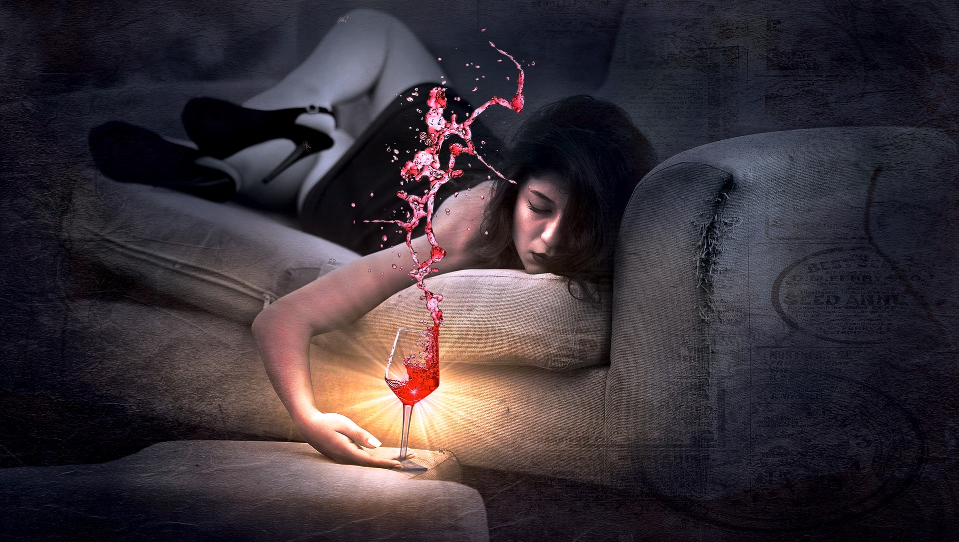 Woman on couch drinking red wine