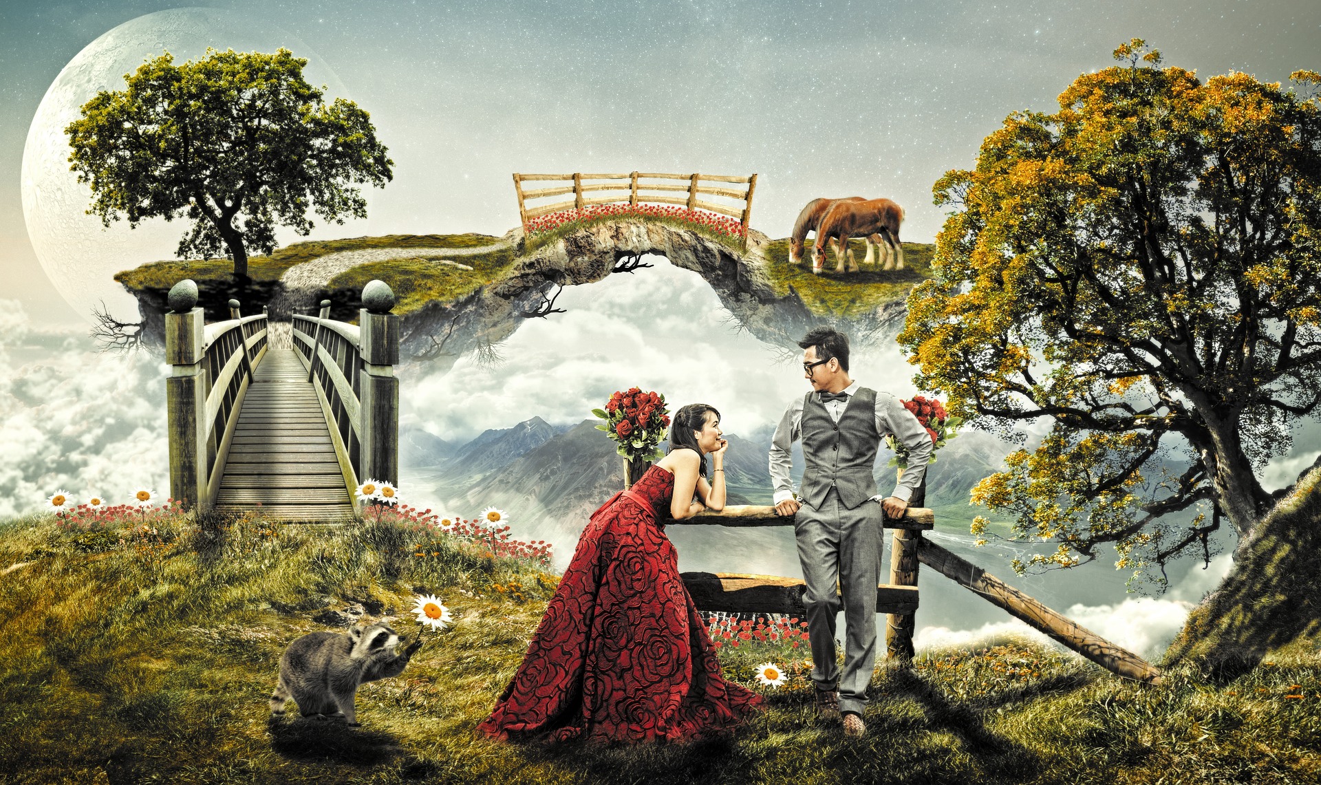Couple in a fantasy dreamy magical landscape with trees and moon