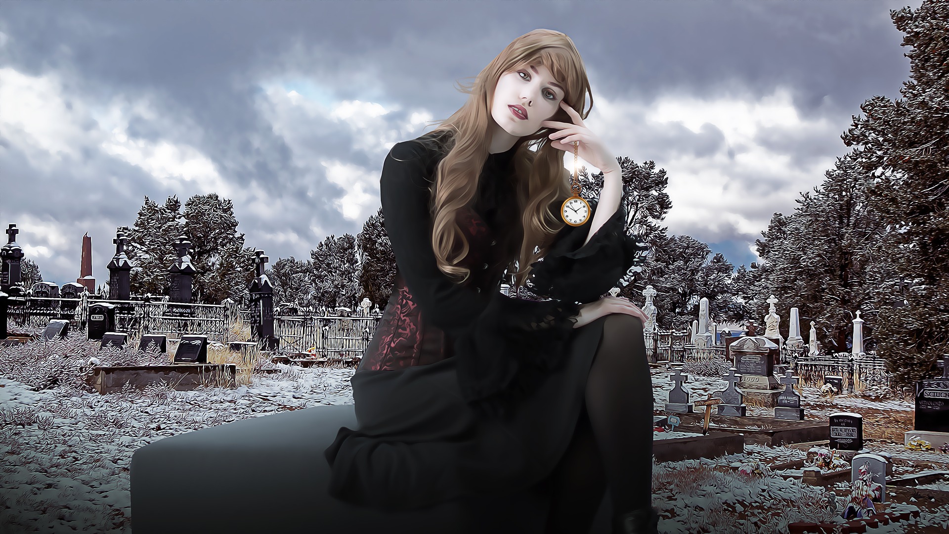 Dark woman with death clock on graveyard
