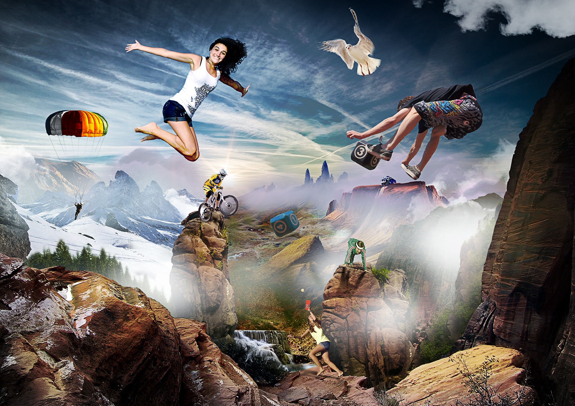 Extreme sports, flying, air, bike, bicycle, woman, fantasy