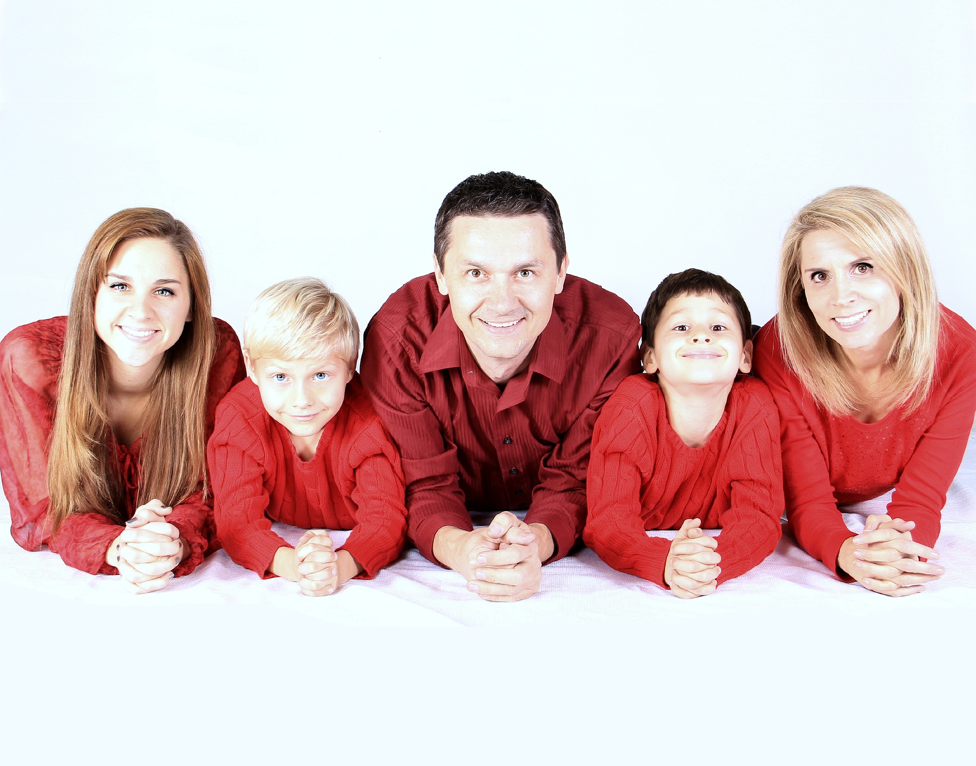 Happy family, children, with red clothes