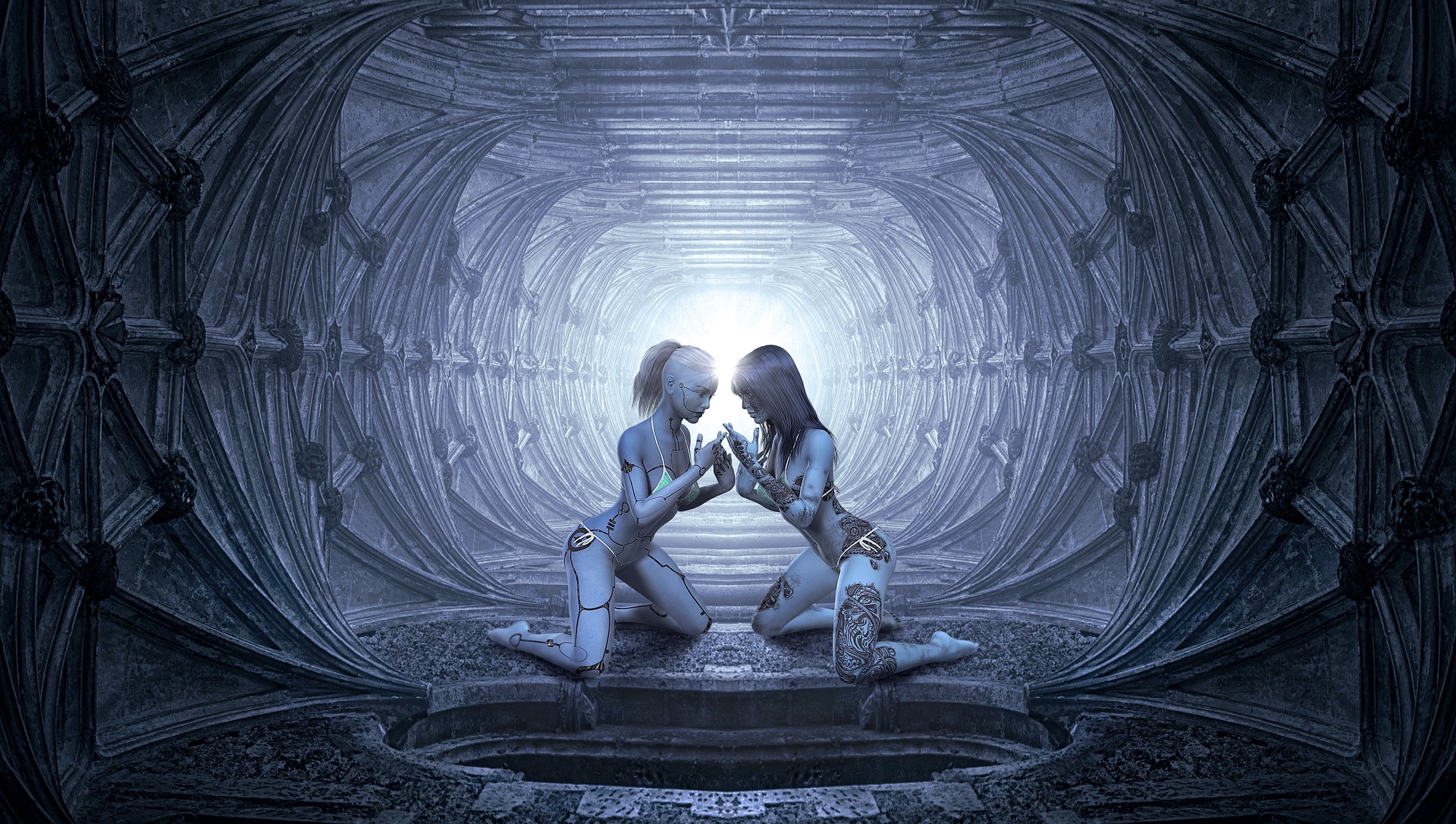 Science fiction fantasy: Female cyborgs, androids in tunnel, fantasy, art