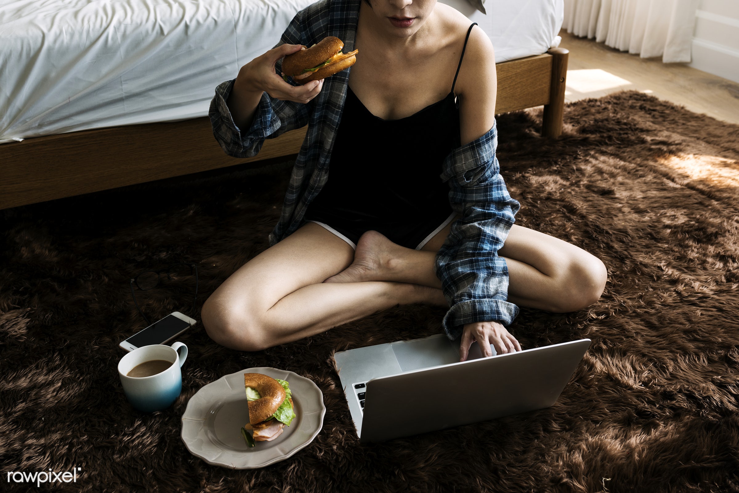 Sexy woman eating food in underwear