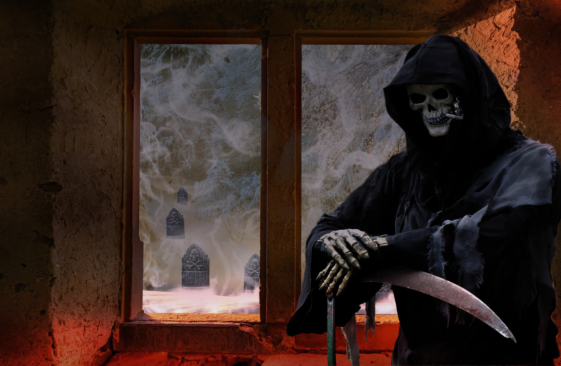 Creepy and funny grim reaper, smoking, scythe, tombstone
