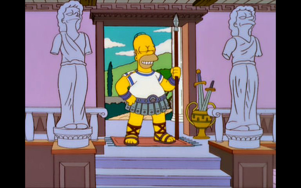 Homer Simpson as a Greek warrior with statues