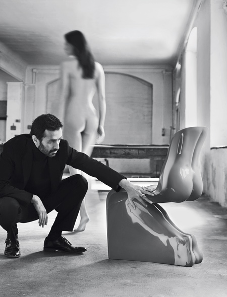 Fabio Novembre's HimHer chair with naked woman walking away. Photo by Settimio Benedusi.