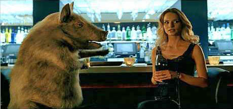 Woman and pig in a bar.