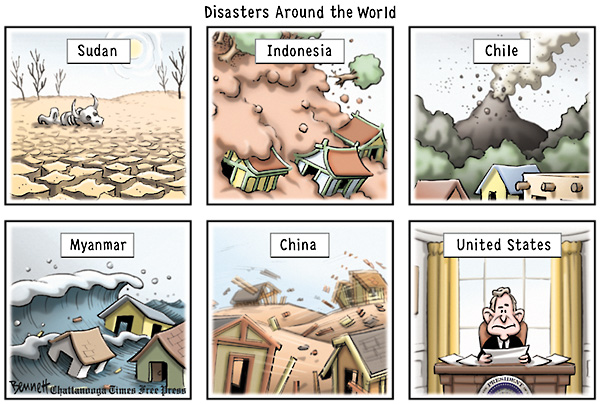 Different disasters in different countries of the world...: Sudan, Indonesia, Chile, Myanmar, China and United States of America with President George Bush.