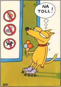 Hund mit eis in der hand und auf rollschuhen kommt an verbotstafel...
