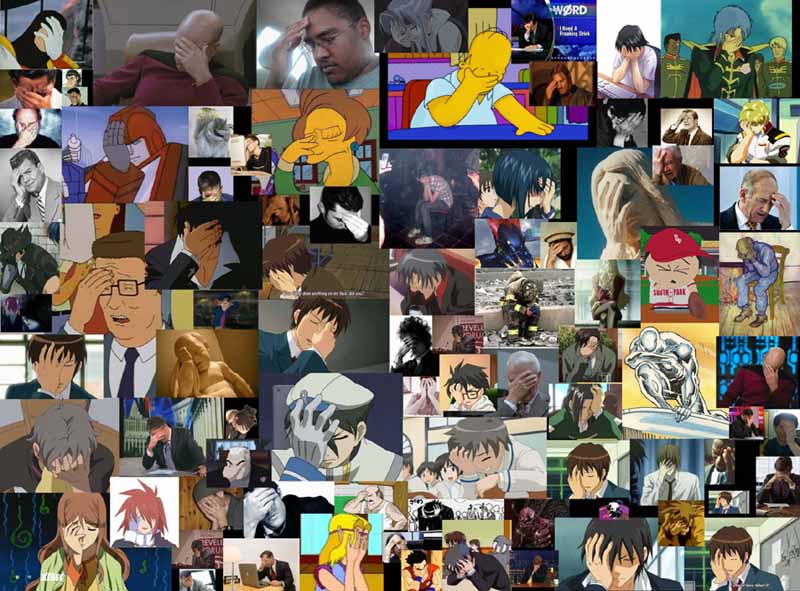 A depressed Homer Simpson and lots of other people throw their hands up on their faces.