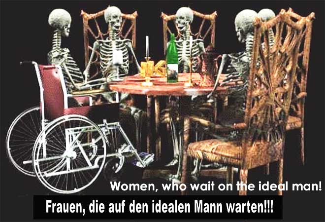 Skeleton sitting at dinner table. Skelette sitzen am tisch und essen.