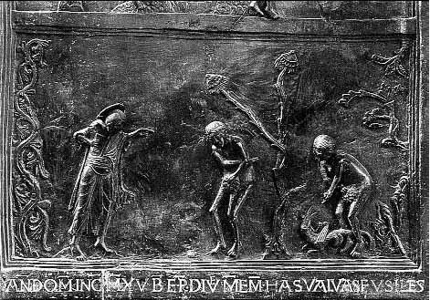 Bronzetür - Bernwardstür im Dom Hildesheim: Zauber-Pilze mit christlicher symbolik.