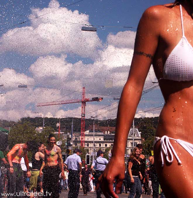 Streetparade 2008 - Woman in bikini with waterdrops.