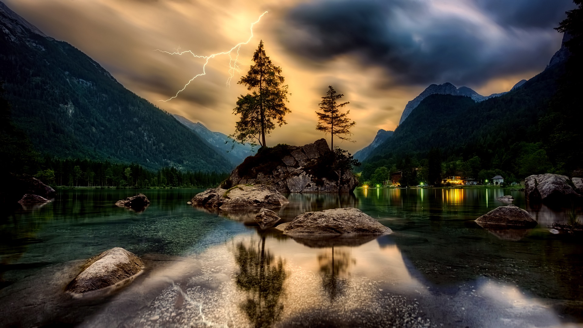 Lightning on islet, lake, trees, dusk, sunset, dreamy, landscape