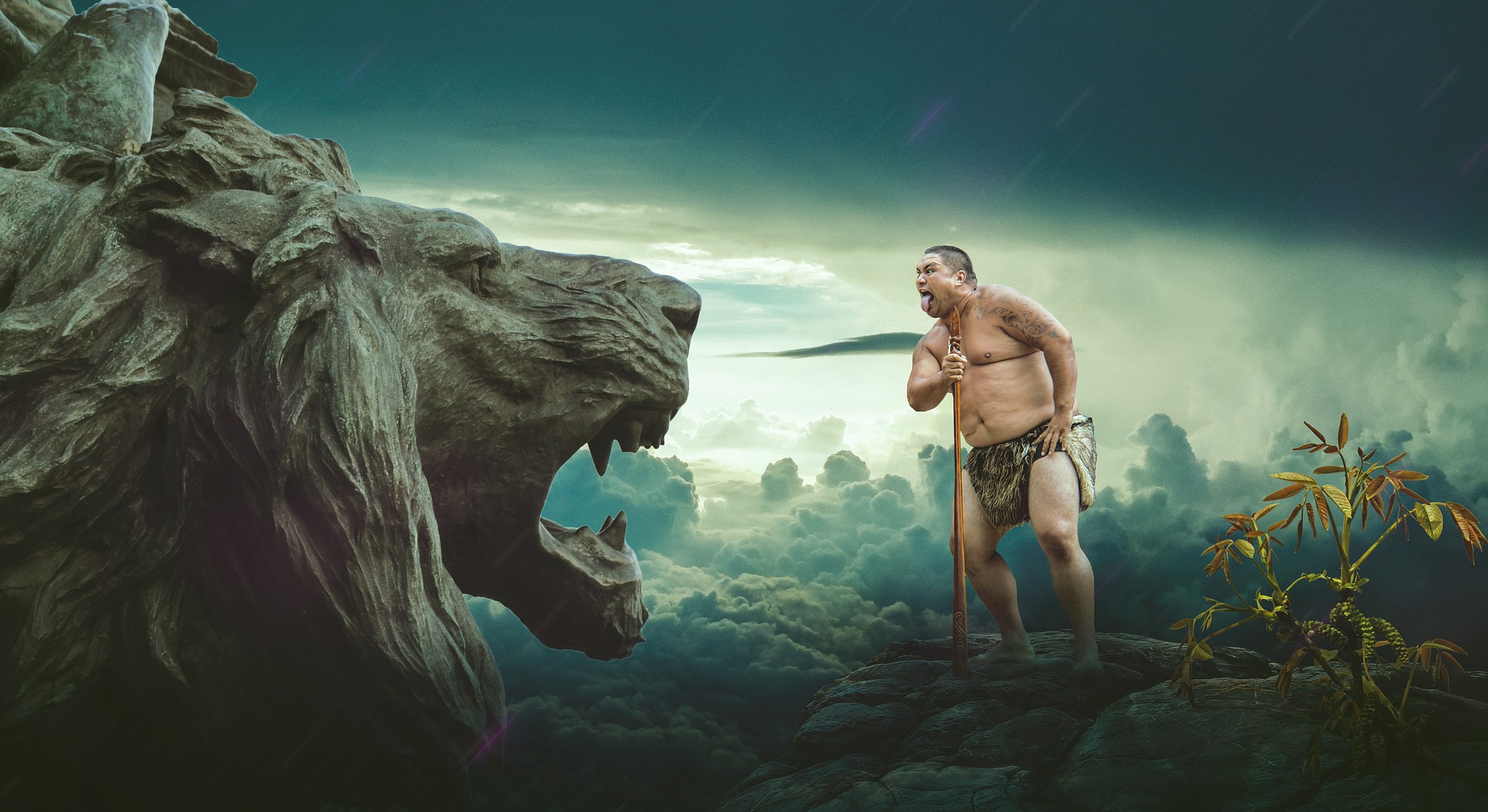 Tribal man maori vs. lion head statue