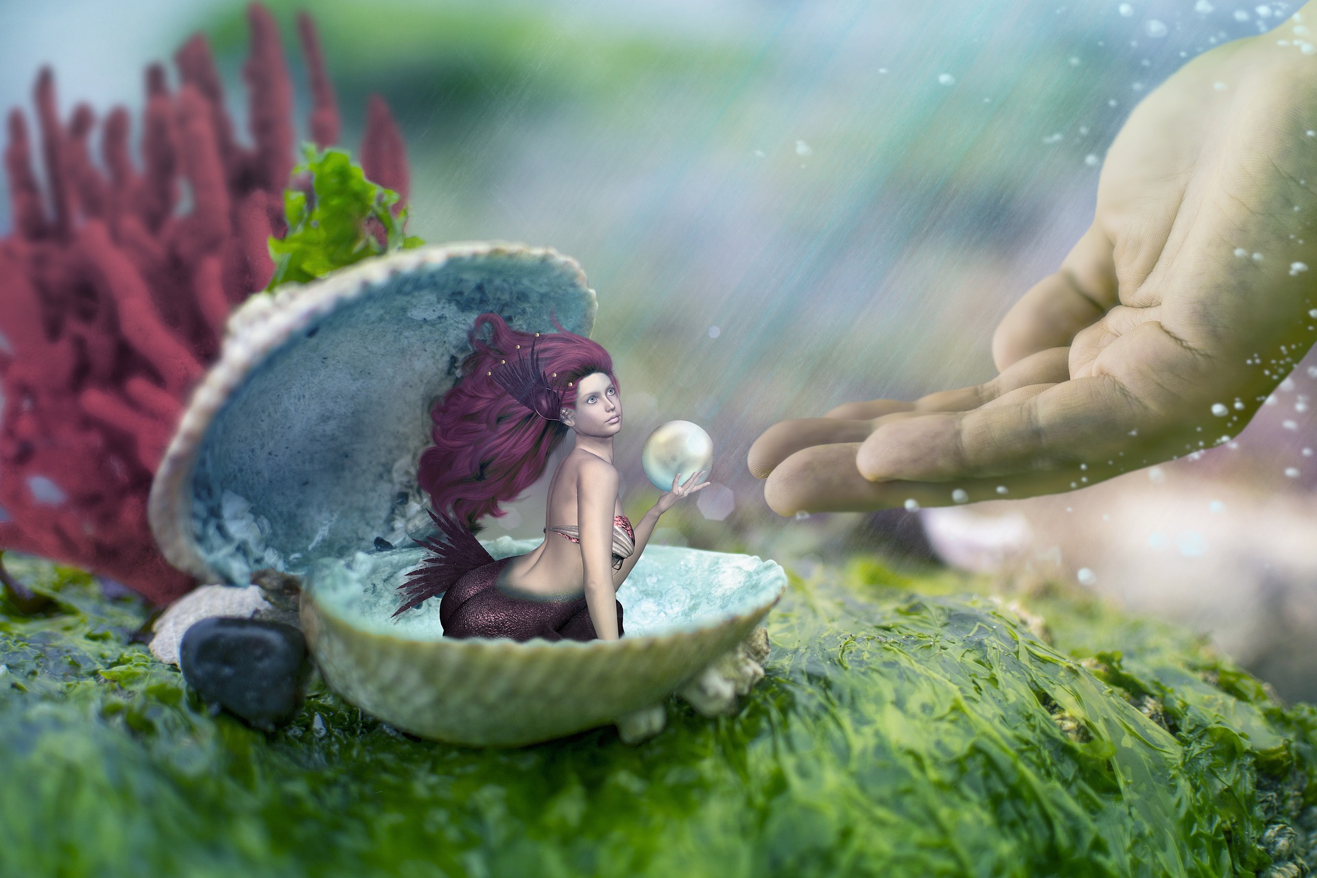 Mermaid in a shell with pearl and open hand coming towards her
