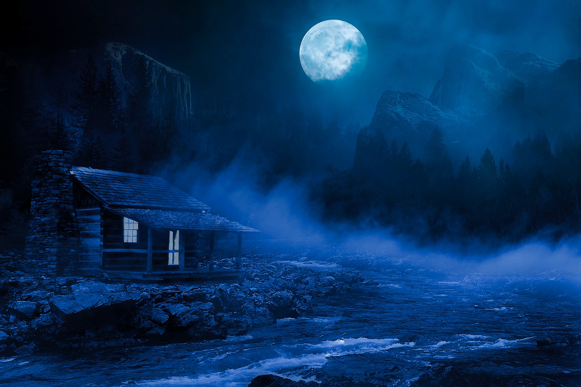 moon-hut-night-river-mystic Moon shining during night over a hut near the river