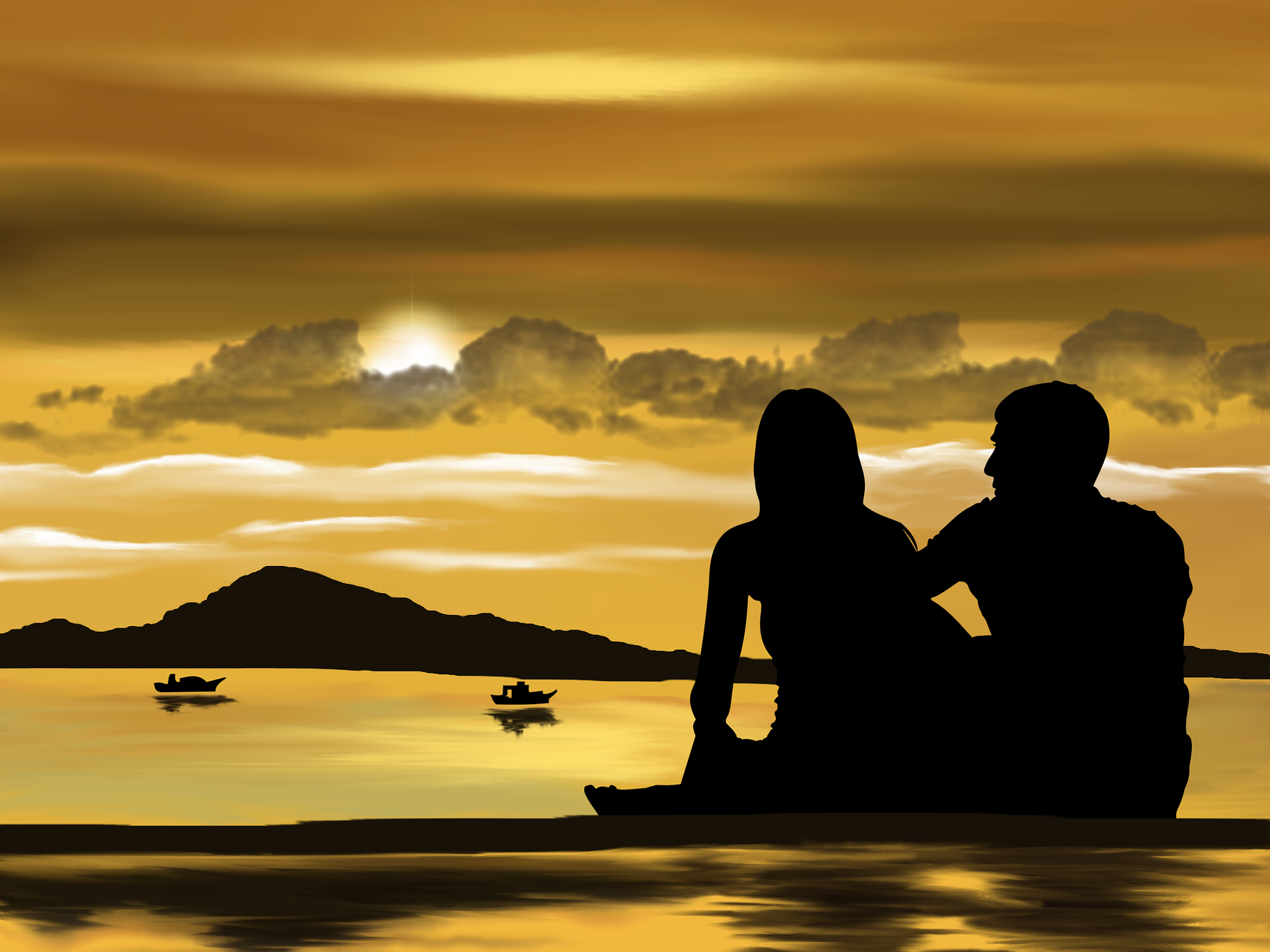 Paar, relaxe und ruhig am strand während sonnen-untergang.