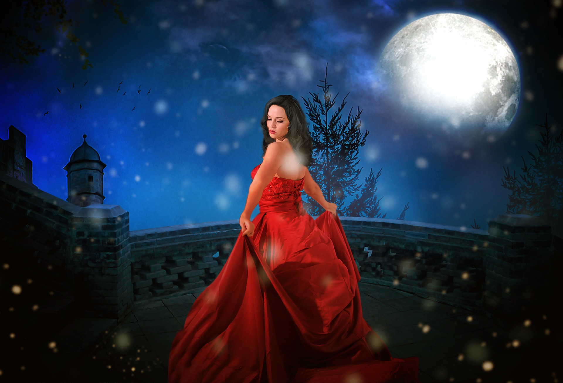 Princess in red gown with moon