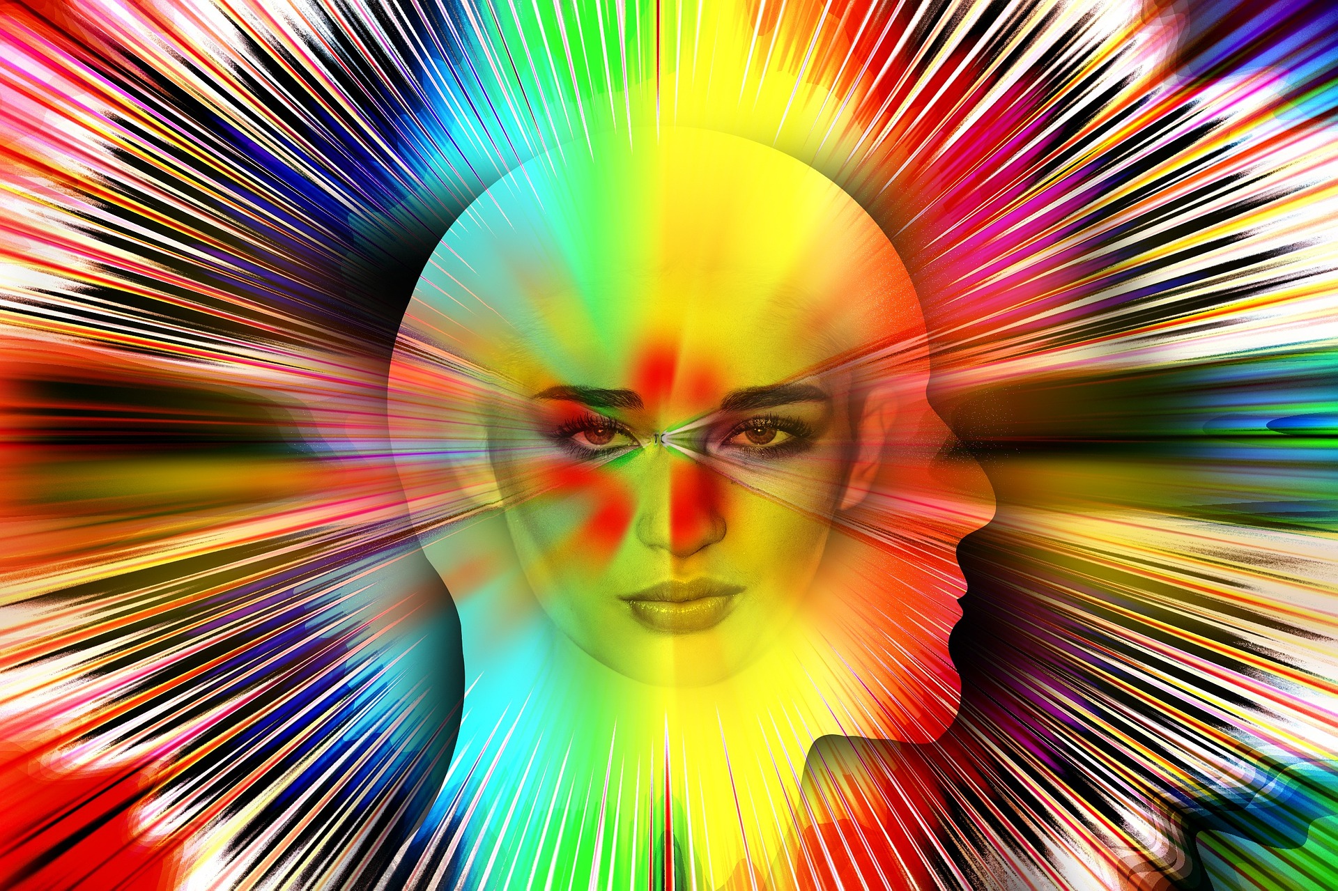 Human psyche: Man, woman, psychedelic brain colors