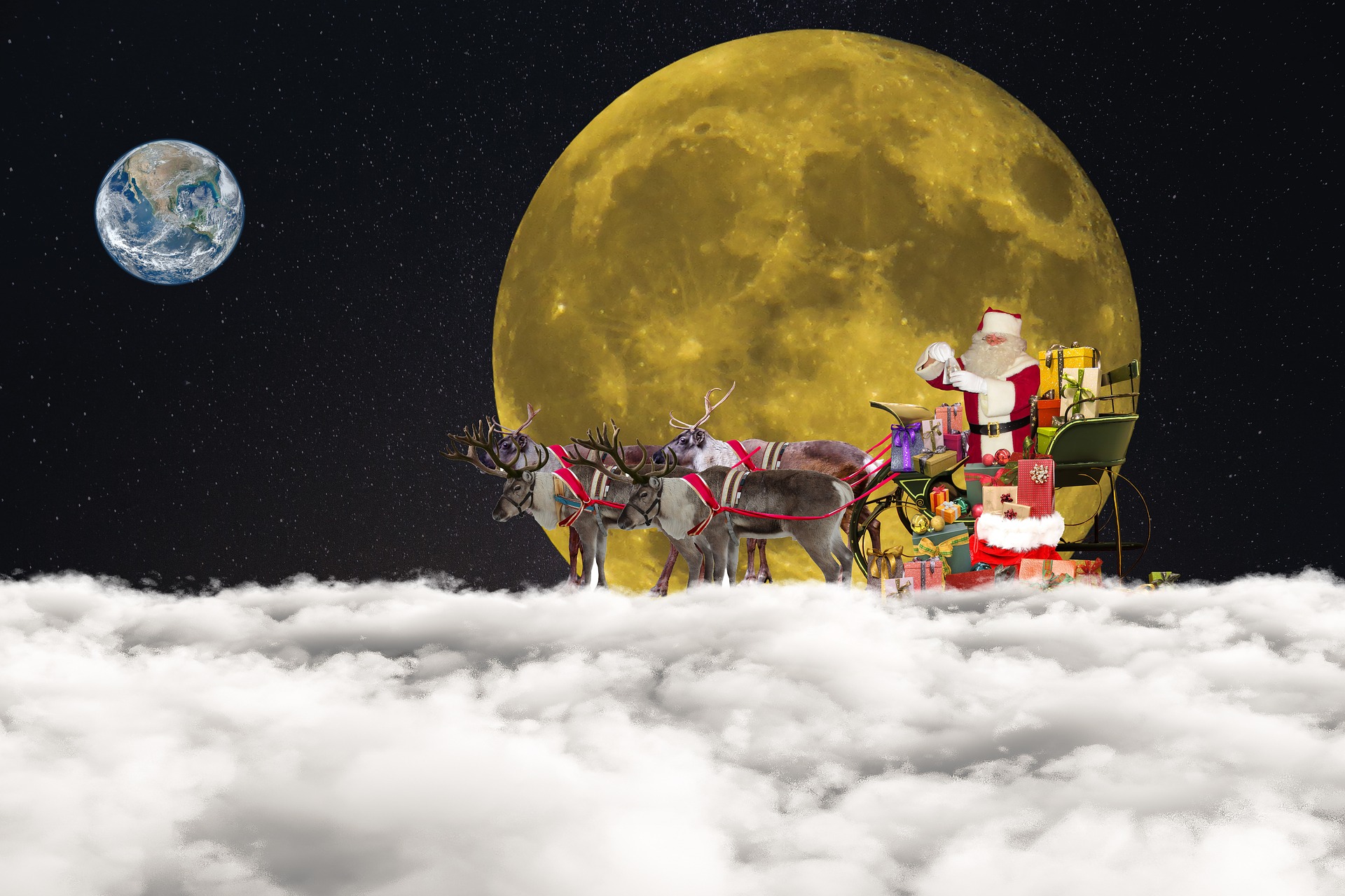 St. Nikolaus an Weihnachten mit Renntieren, Mond, Wolke, Himmel, Nacht