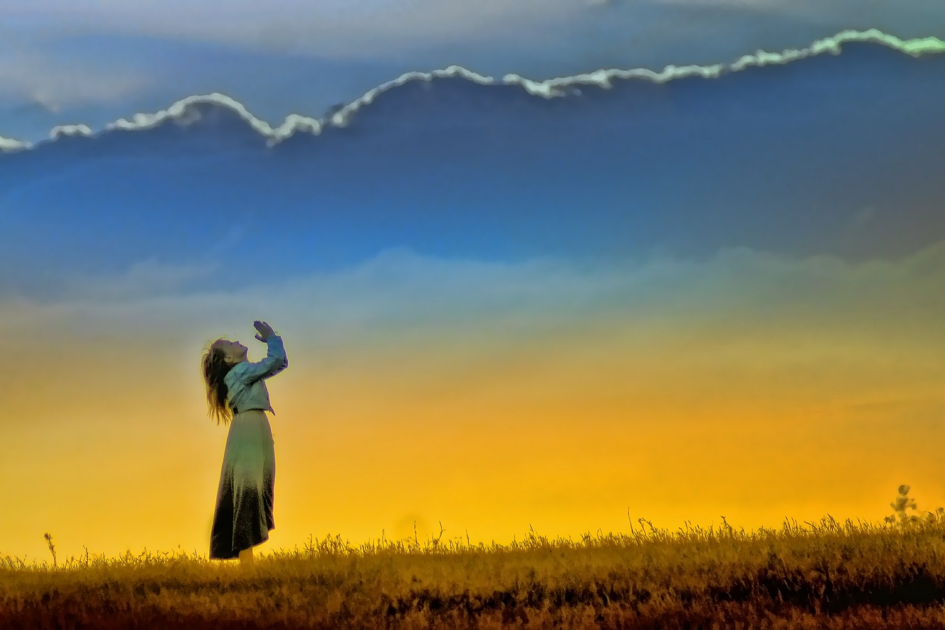 Woman praying, worship, sunset, god