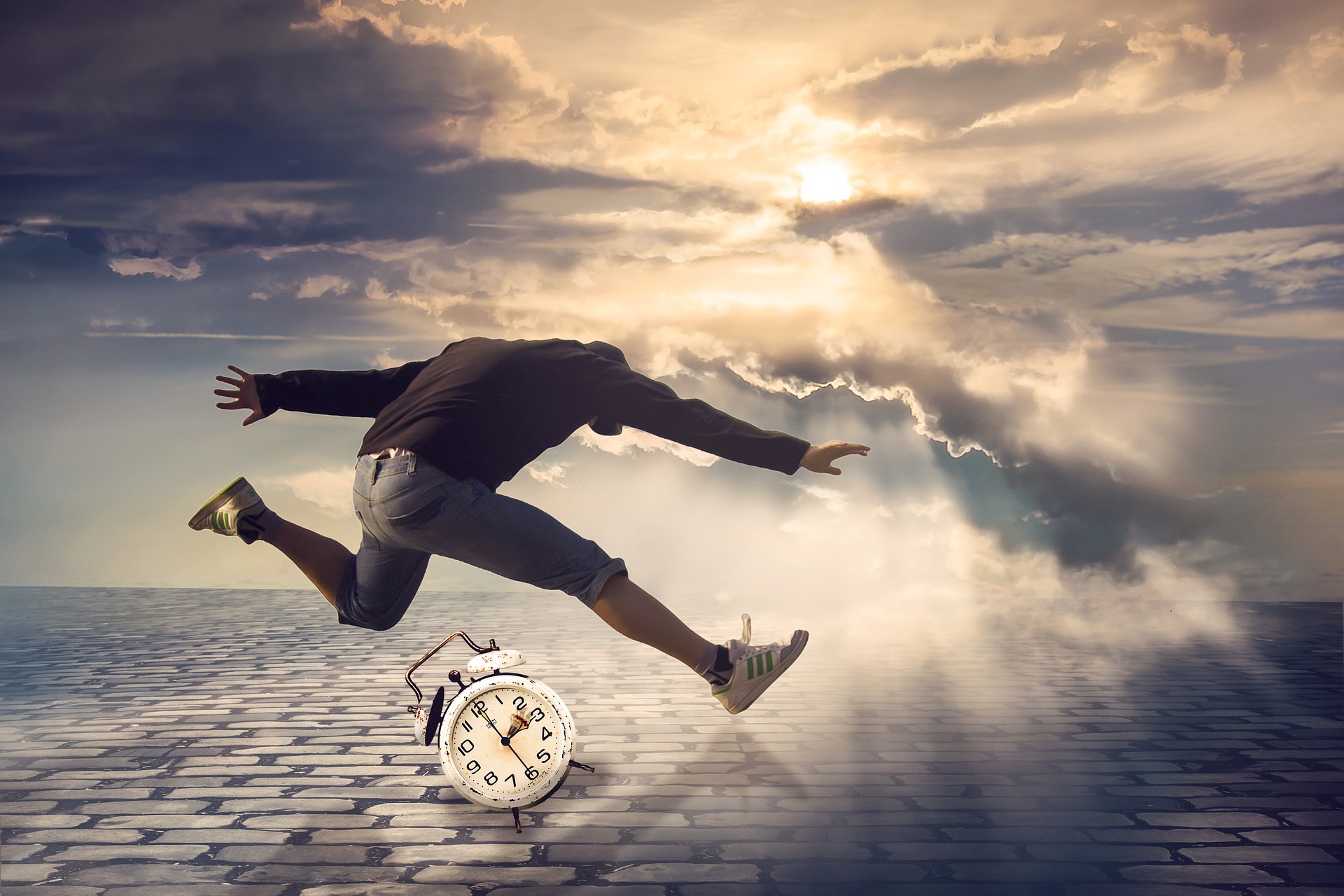 Time: Man running and jumping over clouds, clock