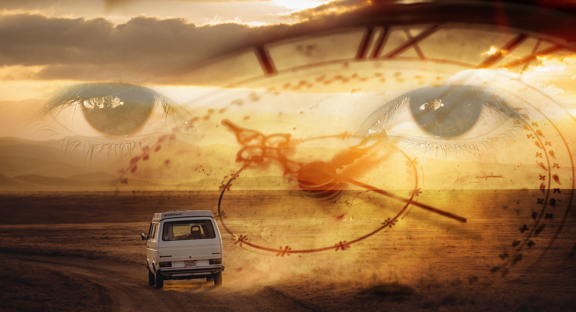 Time travel with car through desert, eyes watching