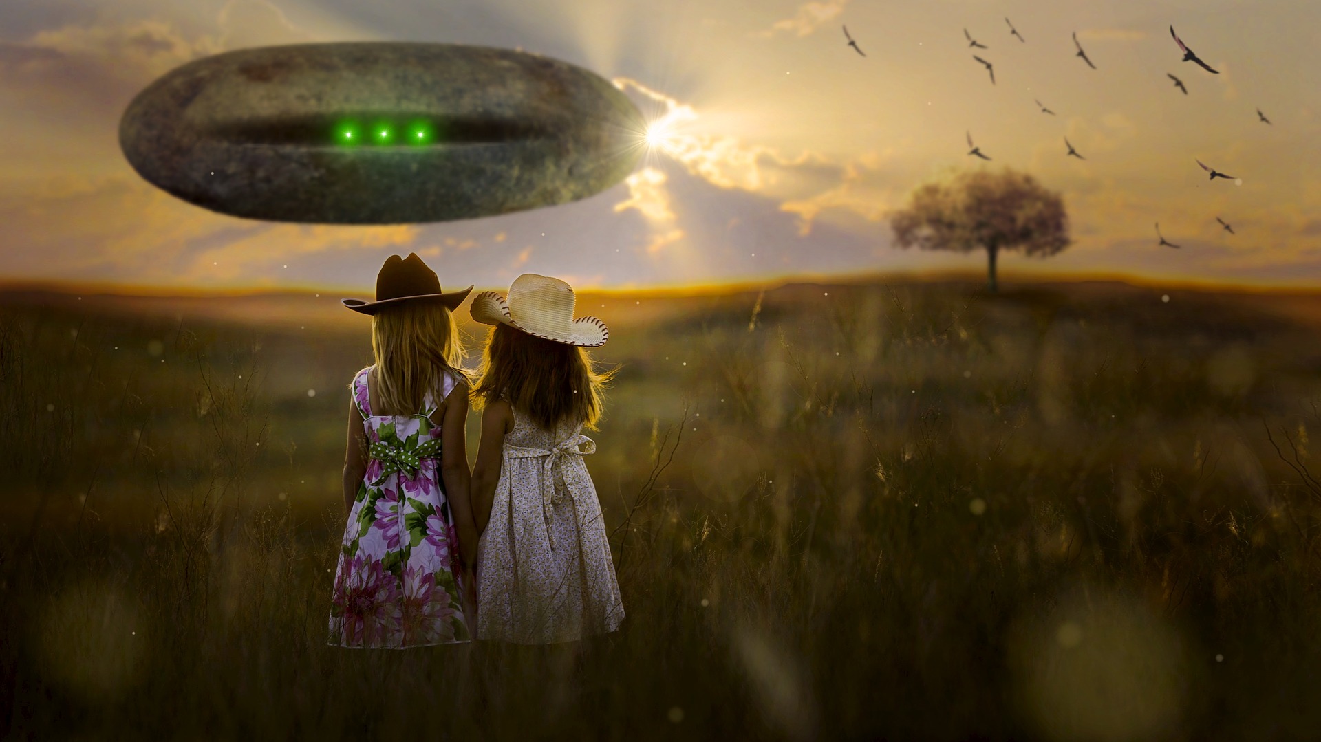 Girls walking in crop circle field with UFO.