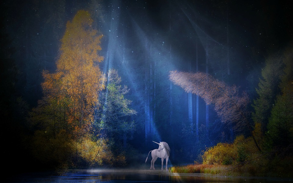 Unicorn in a mystical fairy tale landscape, forest, river