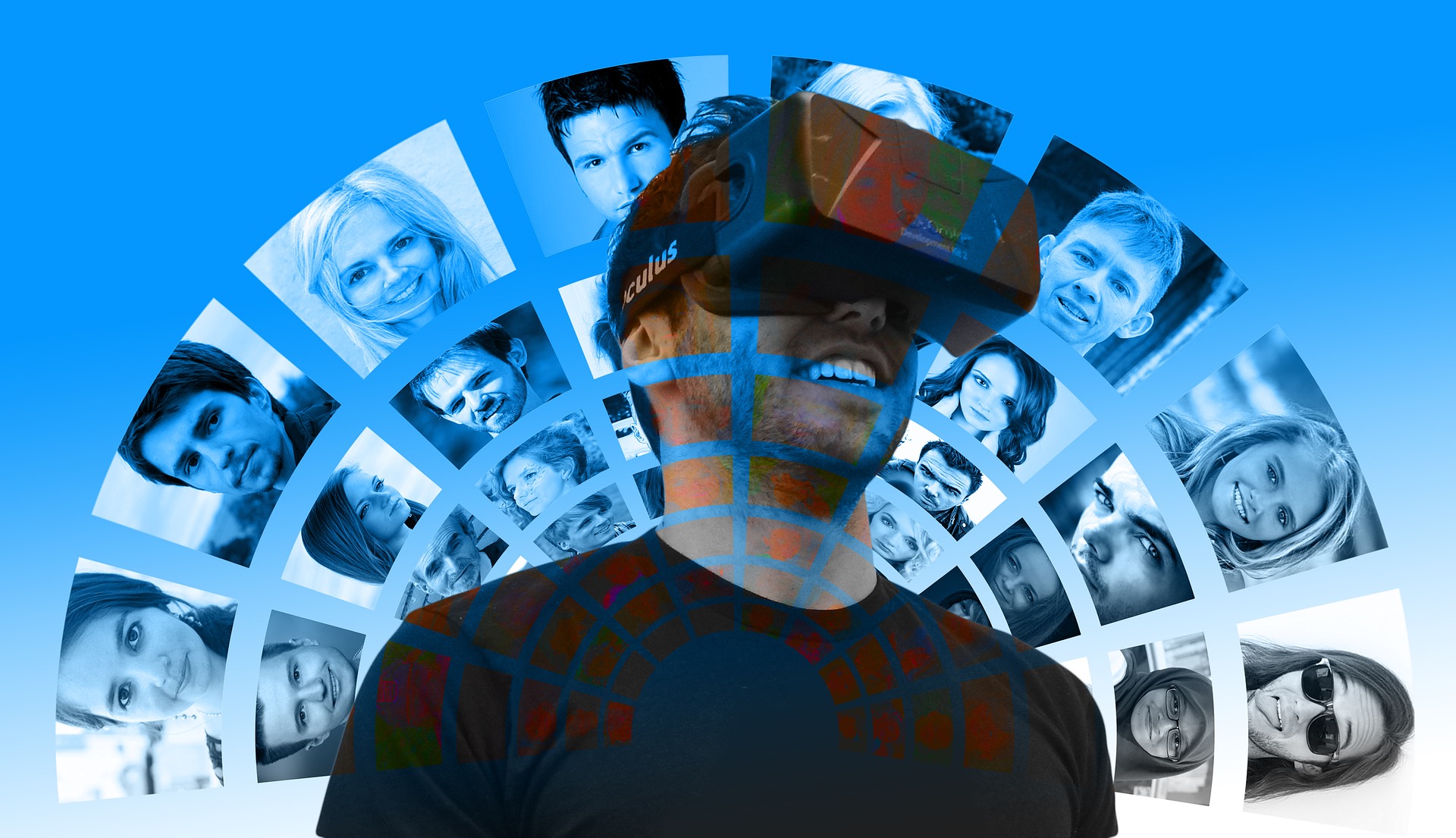 Virtual reality, cyberspace, goggles, man, faces, social media, internet