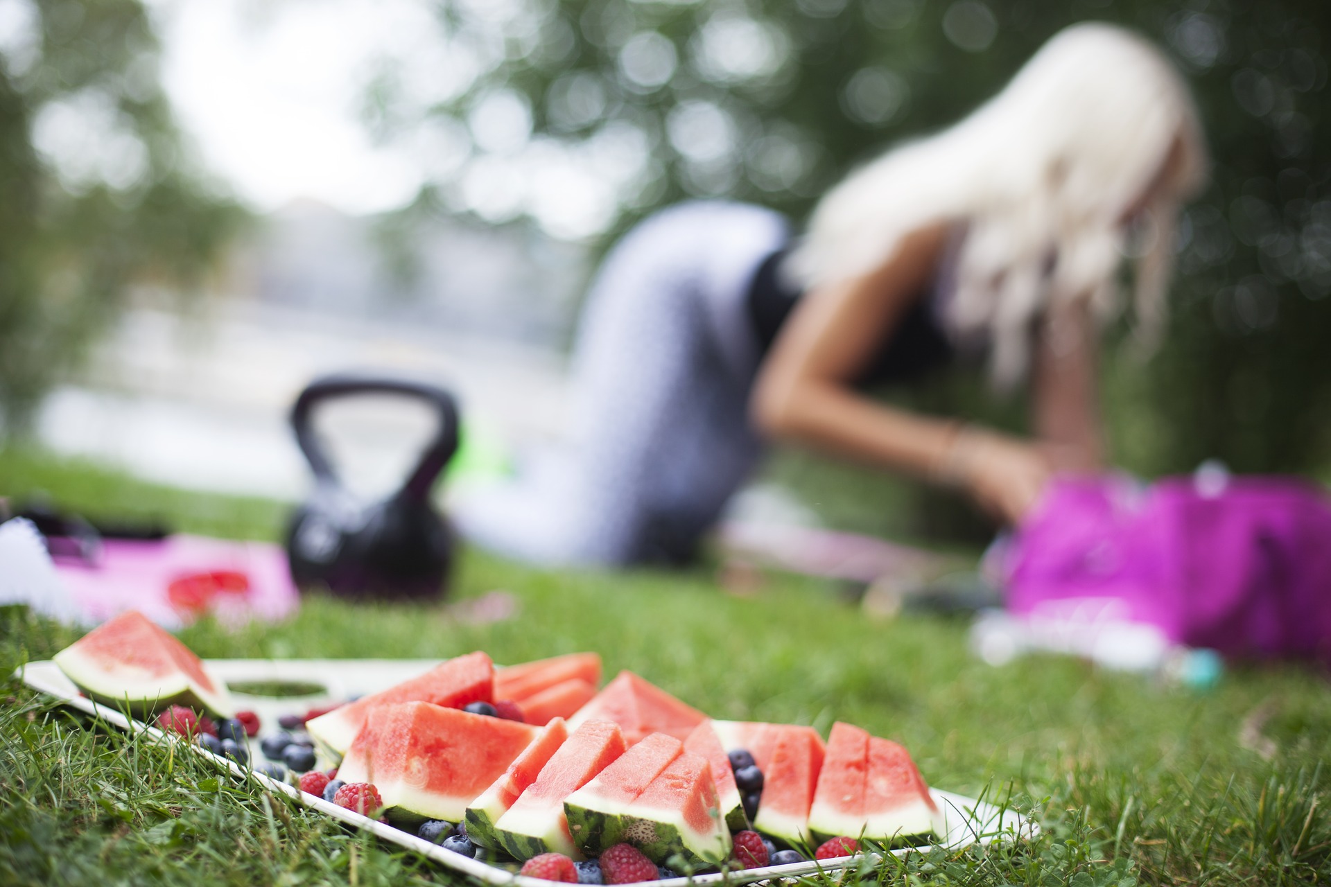 Watermelon picnic in parc, sport, fitness, woman, lifestyle