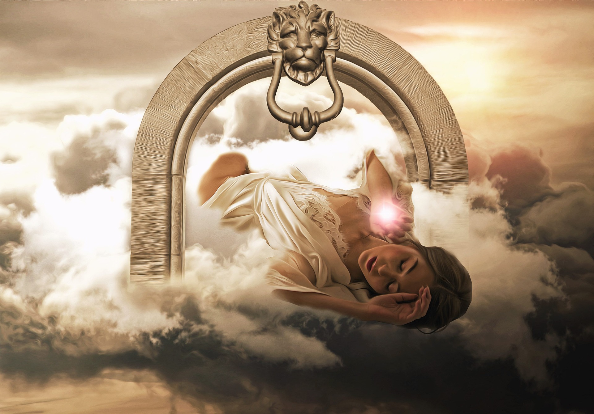 Woman in fantastic dream world, lions head, gate, fantasy, sky, clouds