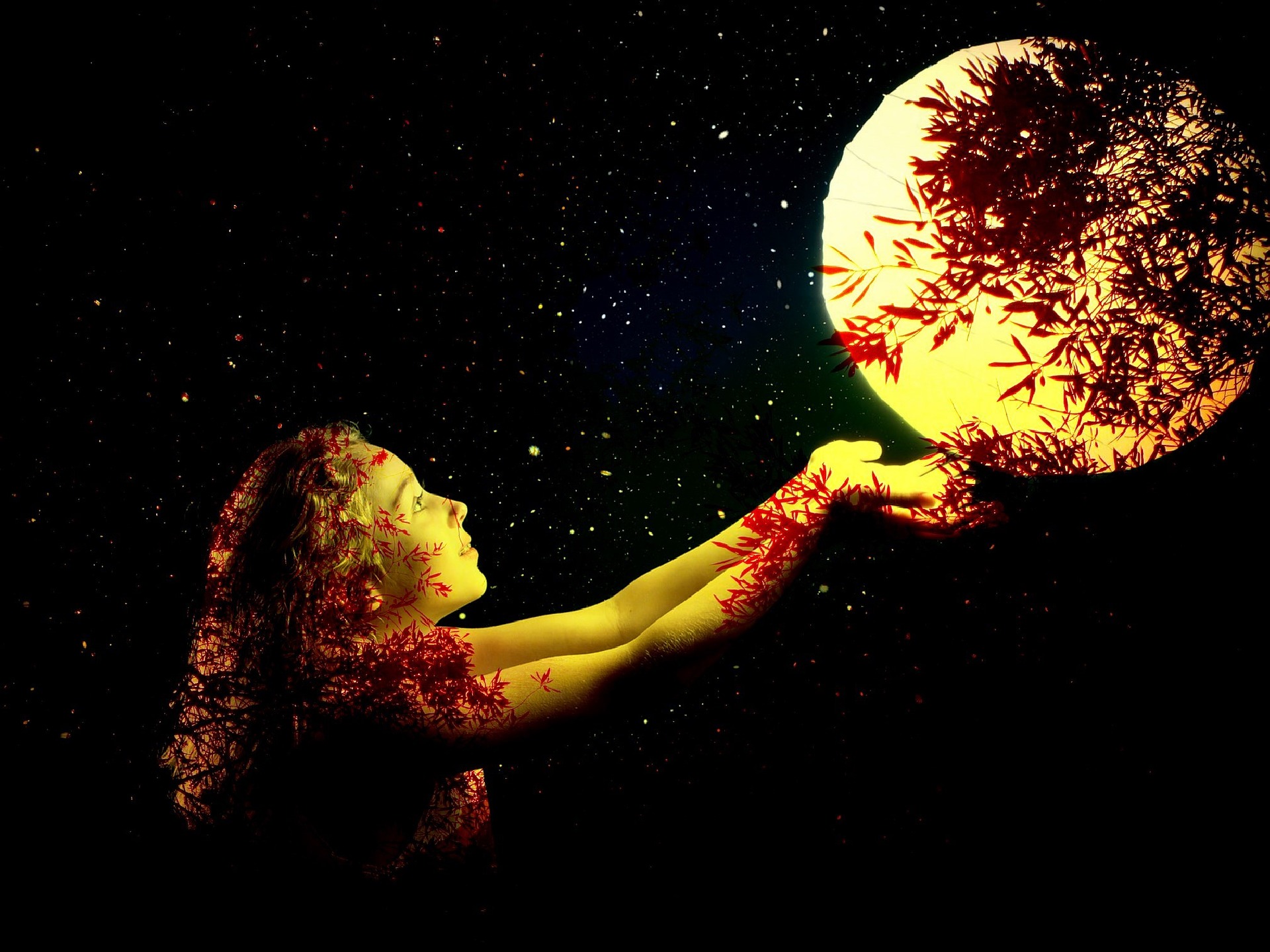 Woman holding hands to the moon on a journey to discovery
