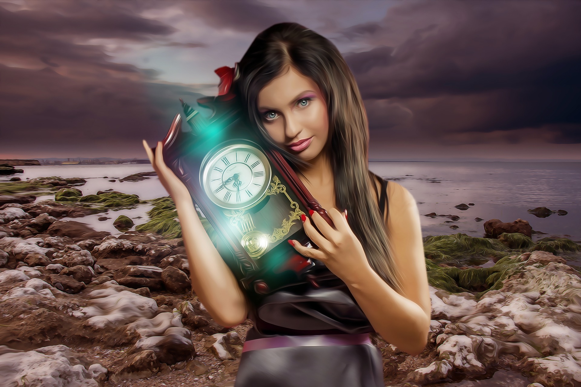 Woman with clock in hands next to ocean