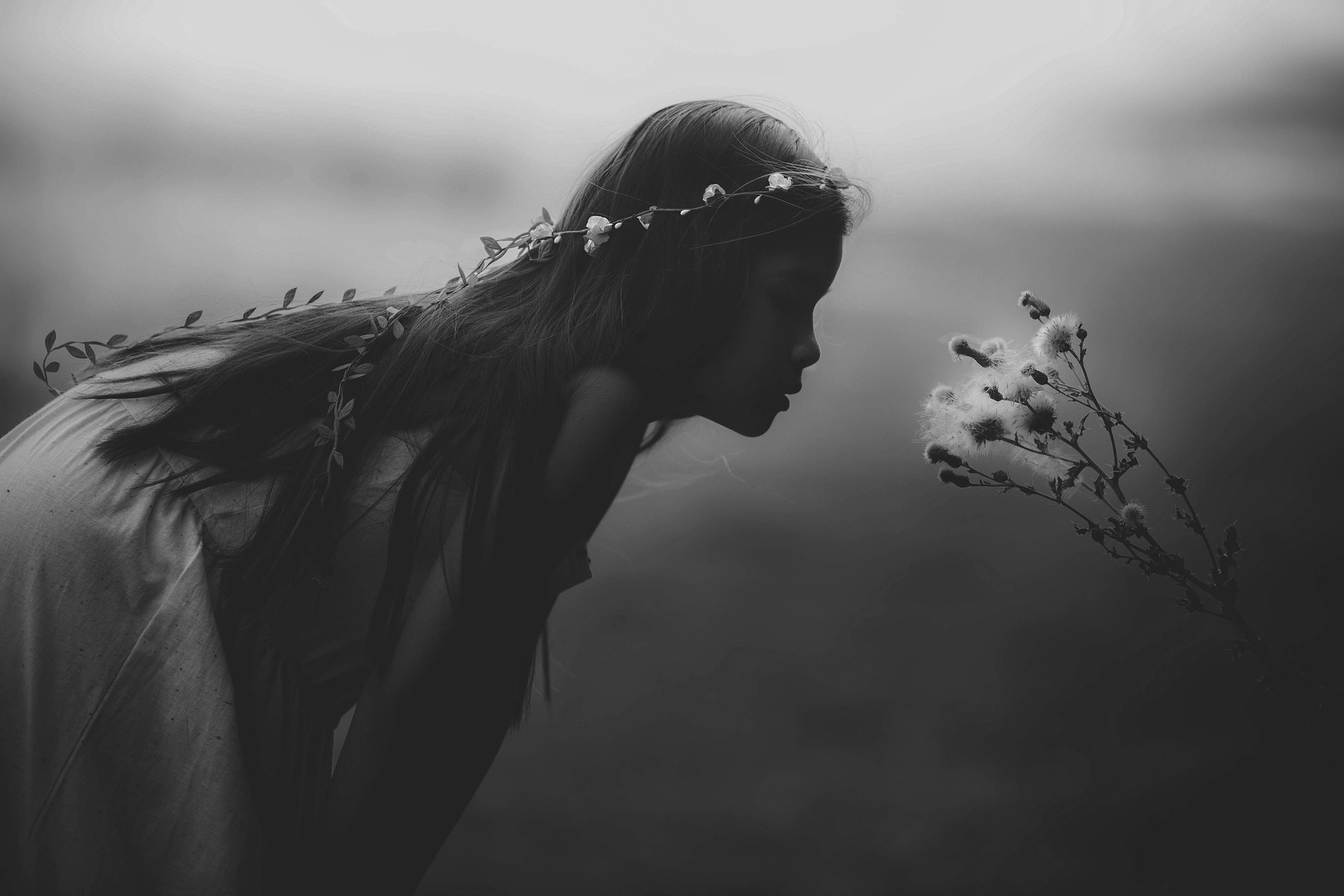 Young girl smells a flower, silhouette, black, white, mystic
